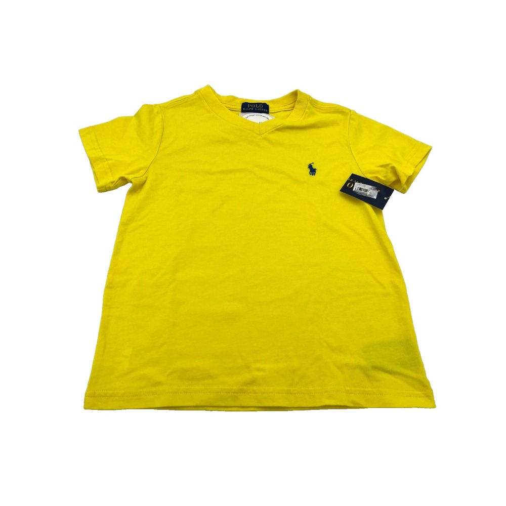 Polo Ralph‎ Lauren Boys V-Neck T-Shirt Top Classics 3 Yellow Navy Blue Logo 4/4T